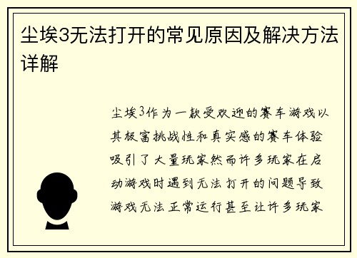 尘埃3无法打开的常见原因及解决方法详解